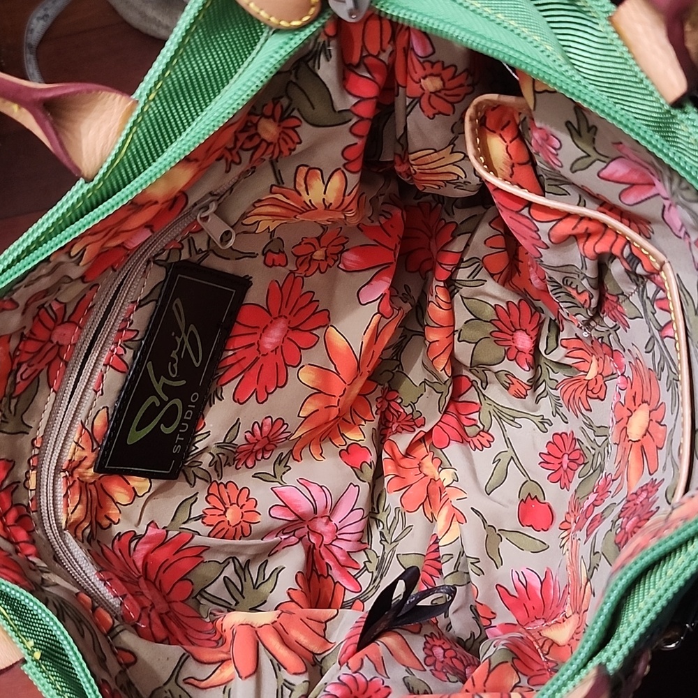 Sharif Studio Green Nylon & Leather Trim Handbag w/Pouch & Purse Charm Rare Euc! - Picture 10 of 15